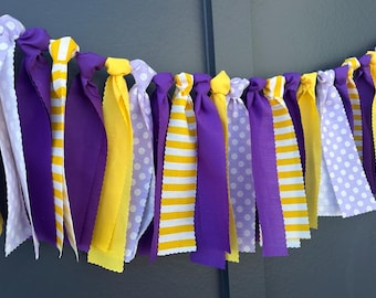 Purple and Gold Garland, Grad Party Backdrop, High School Spirit Banner, University Tailgate Bunting, Baton Rouge Wall Art, Bed Party Banner