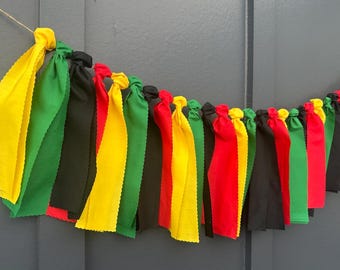Kwanzaa Garland, Juneteenth Office Decor, African Pride Fabric Banner, Green, Black, Red, Gold Mantel Bunting, Black History Month Fiber Art
