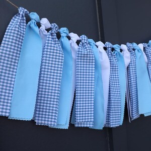 Blue and White Gingham Garland, Boy Baby Shower Backdrop, First Birthday High Chair Bunting image 3