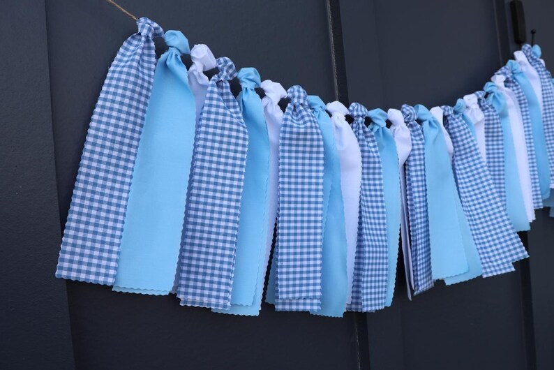 Blue and White Gingham Garland, Boy Baby Shower Backdrop, First Birthday High Chair Bunting image 3