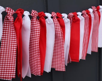 Red Gingham Garland, Summer Party Banner, Picnic Theme Birthday Bunting, Red and White Check Mantel Decor, Handmade Reusable Fabric Garland