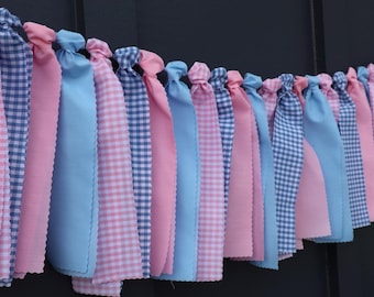 Gingham Baby Shower Garland, Pink and Blue Gender Reveal Banner, Pastel First Birthday Decor, High Chair Bunting, Bridal Shower Backdrop