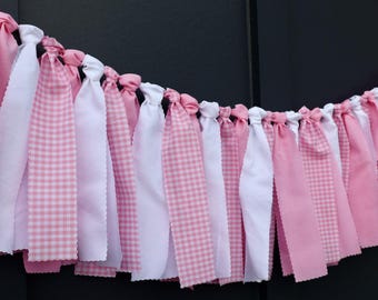 Pink Gingham Fabric Garland, Scalloped Baby Shower Backdrop, Girl Birthday Party Banner, Pink Check High Chair Bunting, Pastel Nursery Decor