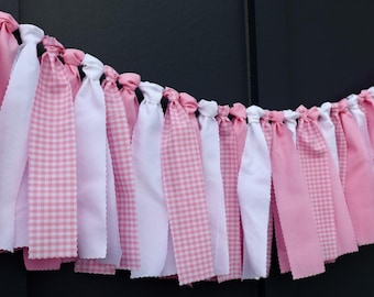 Pink Gingham Fabric Garland, Scalloped Baby Shower Backdrop, Girl Birthday Party Banner, Pink Check High Chair Bunting, Pastel Nursery Decor