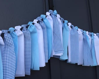 Blue and White Gingham Garland, Boy Baby Shower Backdrop, First Birthday High Chair Bunting