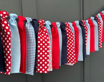 Red, Light Blue, Navy Gingham Garland, Bed Party Banner, Graduation Backdrop Bunting, College Bound Dorm Decor, Oxford Mississippi Wall Art