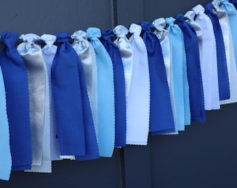 Hanukkah Fabric Garland, Royal Blue and Silver Banner for Mantel, Winter Ribbon Bunting, Bridal and Baby Shower Backdrop