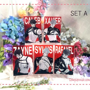 May include: Set A of anime-style character art cards. Each card features a male character in a black and white outfit against a red background. The characters' names are printed in white.