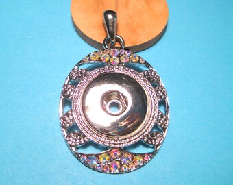 Silver Tone Rhinestone Snap Button Pendant Setting (51x32mm)