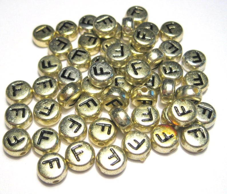 100pcs of LIGHT GOLD Flat Round Alphabet Letter F Acrylic Spacer Beads
