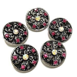 Closeout--5pcs of Round Flower Snap Button Charms With Hot Pink Rhinestones (NO.6)