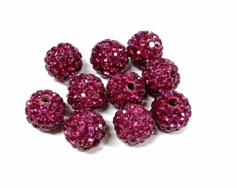 Fuchsia Pink Rhinestone Disco Ball Beads: Polymer Clay Pave (10pcs)