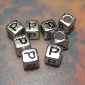 30pcs Silver-grey Alphabet Letter &quot;P&quot; Acrylic Cube Spacer Beads 6x6mm