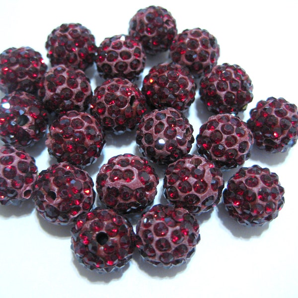 10pcs of Dark Ruby Red Polymer Clay Rhinestone Beads Pave Disco Ball Beads 10mm --Grade AAA