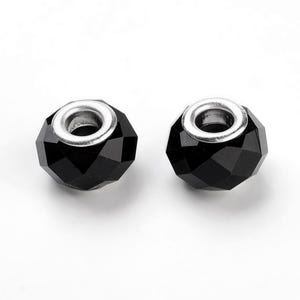 10 Opaque Black Glass Beads: Silver Plated Faceted Rondelle Beads