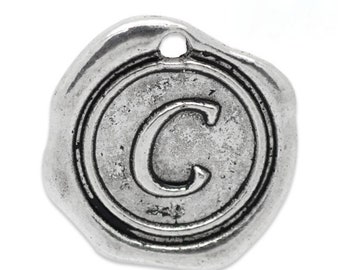 Bulk--5pcs of Wax Seal Antique Silver Initial Alphabet Letter "C"  Charm Pendants 18x18mm