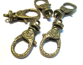 5pcs Large Antique Bronze Star Carved Lobster Clasp Swivel Base 30x14mm(No. LBCLS763)