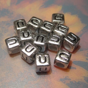30pcs Silver-grey Alphabet Letter &quot;U&quot; Acrylic Cube Spacer Beads 6x6mm