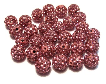10 Rose Pink Rhinestone Disco Ball Beads: Polymer Clay Pave Beads 8mm(No.2306)