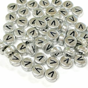 30pcs of Flat Round Alphabet /Letter &quot;V&quot; Acrylic Spacer Beads Silver Tone Plated(No. SL1398)