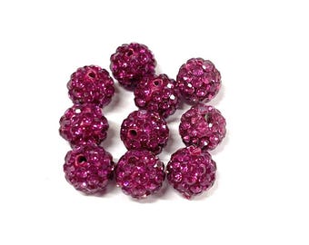 10 Fuchsia Pink Rhinestone Disco Ball Beads 8mm Polymer Clay(No.2302)