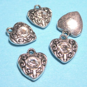 10pcs of Antique Silver Plated Puffy Heart with Clear Rhinestone Charms Pendants 12mm