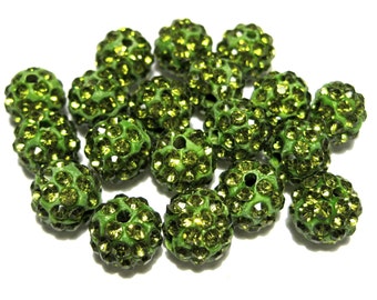 20pcs of Olive Green Polymer Clay Rhinestone Beads Pave Disco Ball Beads - Grade A 10mm