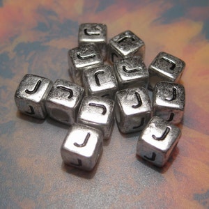 30pcs of Silver Tone Plated Alphabet Letter &quot;J&quot; Acrylic Cube Spacer Beads 6x6mm