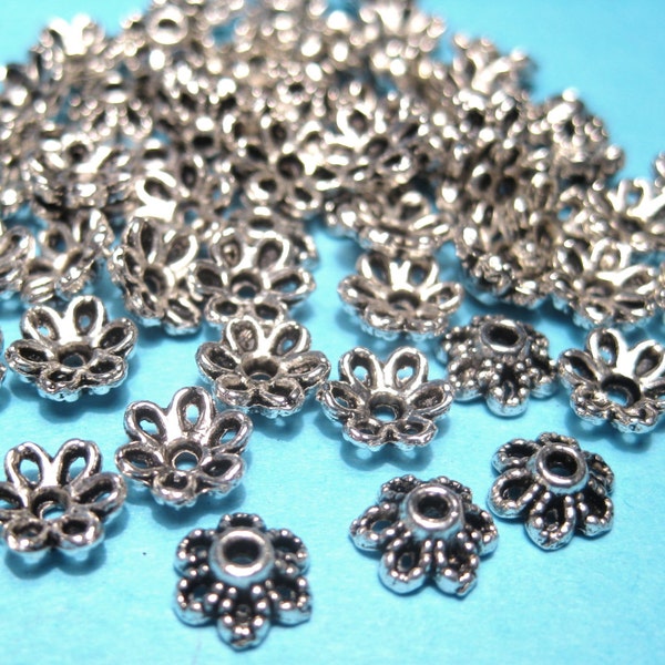 100pcs of Antique Silver Plated Flower Bead Caps 6x2mm Filigree Bead Caps(No.BCP340)