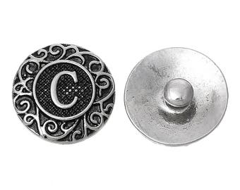 Closeout- 2pcs of Antique Silver Alphabet /Letter "C" Snap Button Charms 18mm