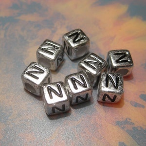 30pcs of Silver Tone Plated Alphabet Letter &quot;N&quot; Acrylic Cube Spacer Beads 6x6mm