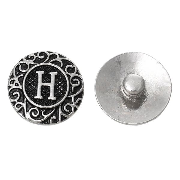 Closeout-4pcs de Antique Silver Alphabet/Lettre "H" Snap Button Charms 18mm