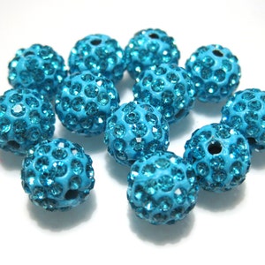 10 Aquamarine Rhinestone Disco Ball Beads: 10mm Polymer Clay Pave Beads