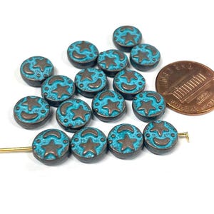 20 stuks antiek koper patina blauwe ster maan spacer kralen 9 mm (nr. SPC2389)
