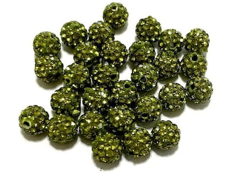 10pcs of Dark Olive Green Polymer Clay Rhinestone Beads Pave Disco Ball Beads 6mm- Grade AAA(No.09-2153)