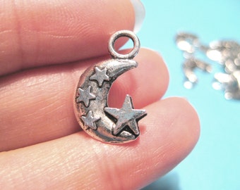 10pcs of Antique Silver Moon and Star 3D Charms pendants(No.CM025)