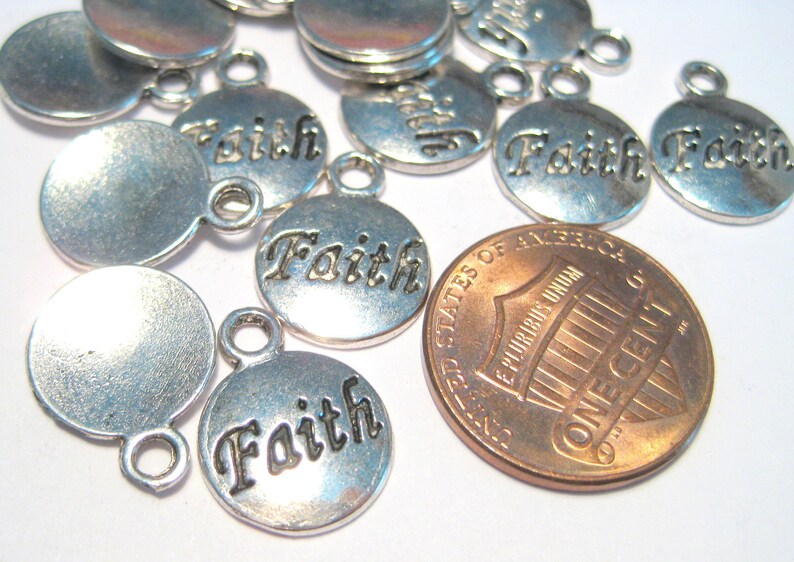 10pcs of Antique Silver Round Charms Pendants Message Pattern Faith 15x11mmNo.CM201 image 2