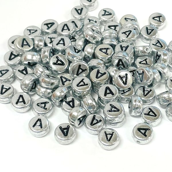 30pcs of Flat Round Alphabet Letter "A" Acrylic Spacer Beads Silver Tone(No. SL1394)