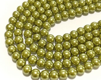 1 Strand of Olive Green Glass Pearl Beads 10mm Round