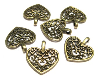 10pcs of Antique Bronze Double Sided Filigree Heart Charm Pendants 16mm(No. BZCM464)