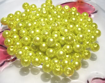 79pcs of Glass Pearl Beads Lime Green, 6mm Round(lo1)