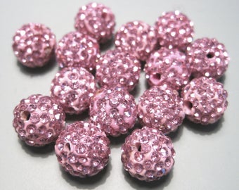 10pcs Pink Polymer Clay Rhinestone Beads Pave Disco Ball Beads 10mm - Grade AAA