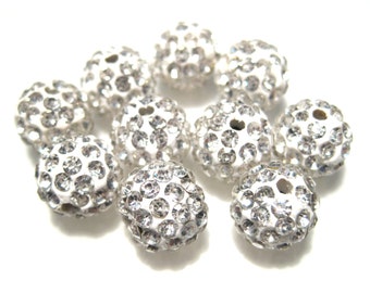 10pcs of White Polymer Clay Rhinestone Beads Pave Disco Ball Beads 10mm--Grade AAA