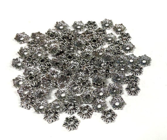 100pcs of Antique Silver Plated Flower Bead Caps 7mm(No.BCP317)