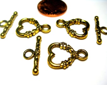 10 sets of Antique Gold Heart Toggle Clasps Double Sided(No. TGCLS811)