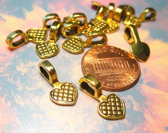 10 Antique Gold Heart Bails: Glue-on Metal Beads (16mm x 8mm) (No. AGB1036)