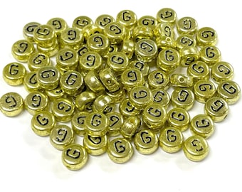 30pcs of Flat Round Alphabet /Letter "G" Acrylic Spacer Beads Gold Tone(No. GL1401)