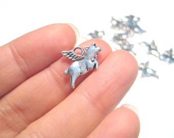 20pcs of of Antique Silver Small Flying Pig Charm Pendants Double Sided Animal charms Pendant(No.CM011)