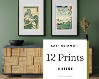 East Asian Art Digital Prints, Set of 12, 8 Sizes, Katsushika Hokusai, Hiroshige Utagawa, Nature Prints, Floral Wall Prints, Japanese Art