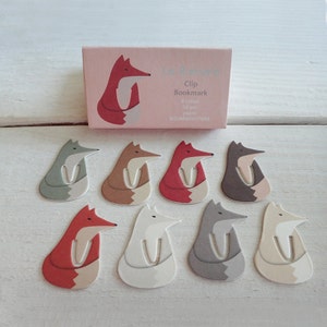 Fermaglio/segnalibro in carta-renard-volpe rossa-carino cartoleria- animali della foresta-grigio-arancione-coda lunga-eco-mini box